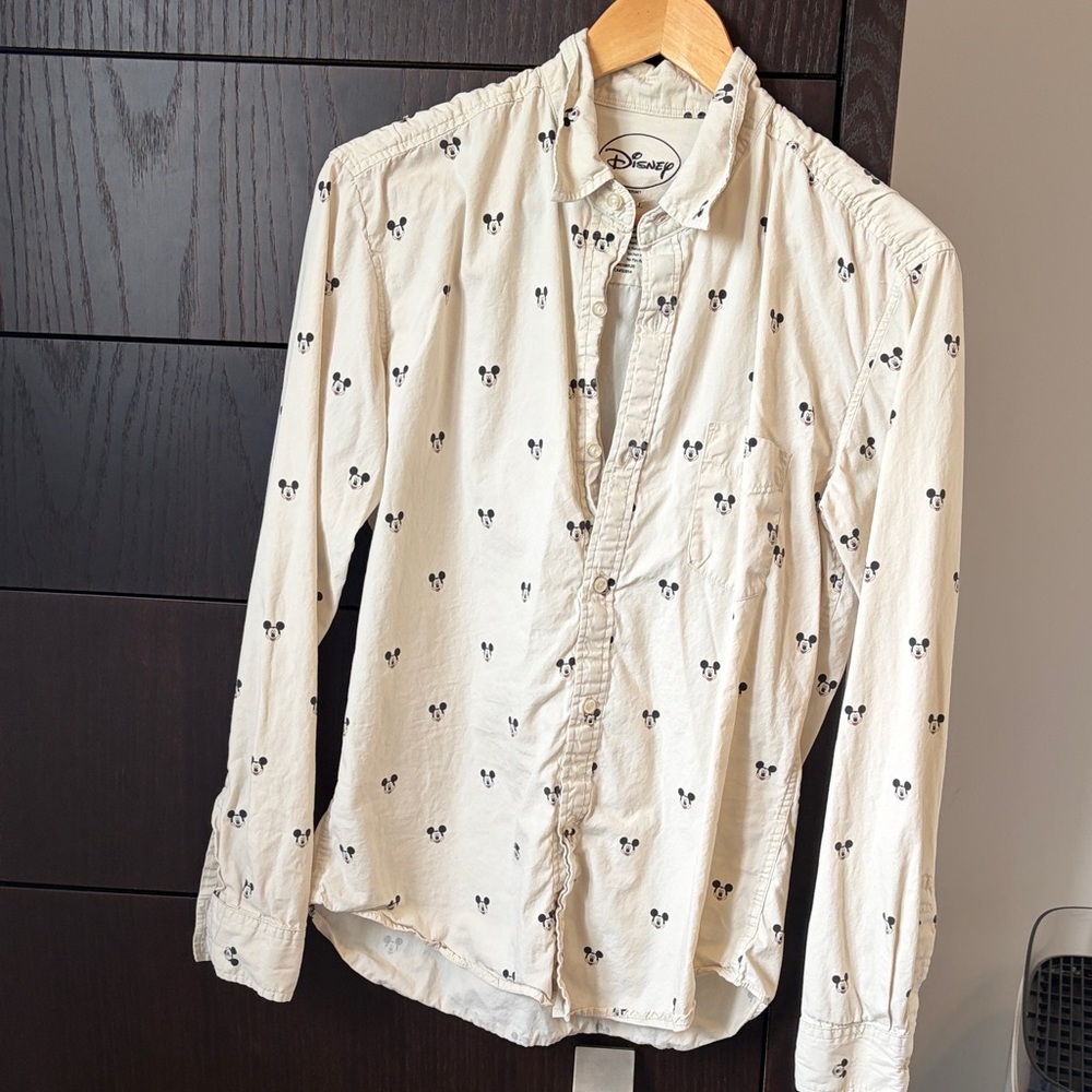 Disney Cream Button-Down Shirt with Black Mickey Icons